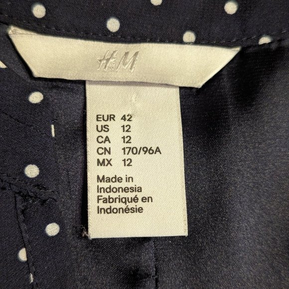 H&M Navy Blue V-neck Polk-A-Dot Midi Dress with Ruffled Sleeves & Tie Waist - Picture 10 of 11